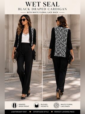 WET SEAL Black Open-Front Cardigan Sheer White Floral Lace Back‎ Sz S Y2K Whimsy